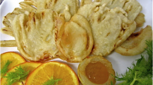 Hinojos rebozados con naranja y mermelada de moscatel