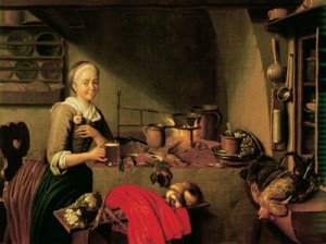 Jan Josef Horemans (s. XVIII), "La Cocinera". Escena de la vida cotidiana en la cocina de un antiguo hogar europeo.