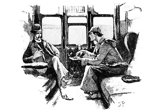 Book Illustration Depicting Sherlock Holmes and Dr. Watson in a Train Cabin
