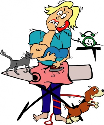 busy-mom-with-child-and-pets-clip-art